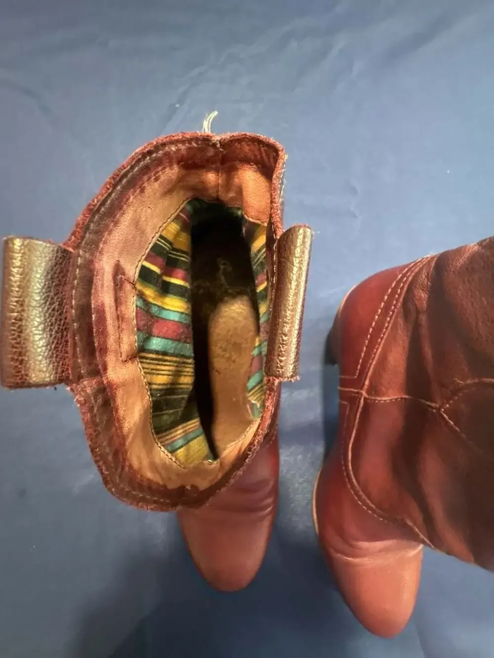 Felmini Deep Cognac  Leather Western Ankle Boots with Striped Lining